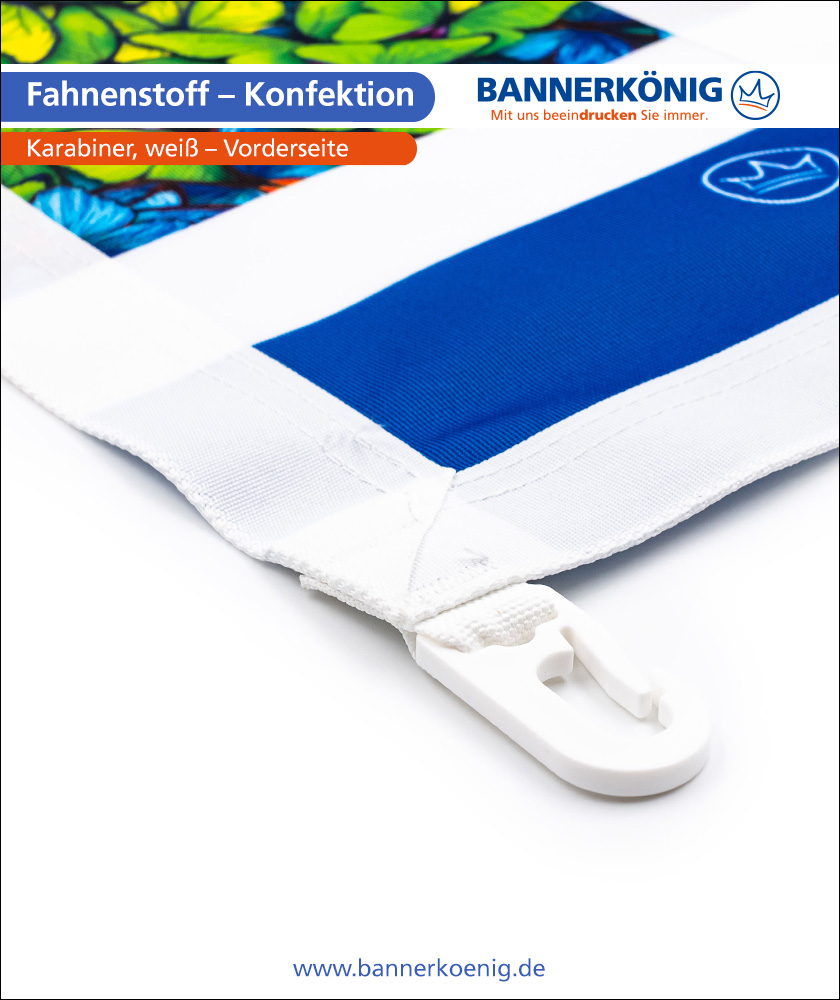 Fahnenstoff – Konfektion Karabiner, weiß, Vorderseite